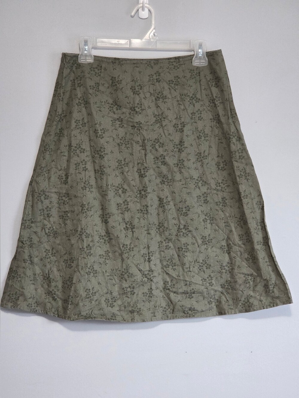 Eddie Bauer Olive Green Floral Linen Cotton Knee Length Skirt Sz 6